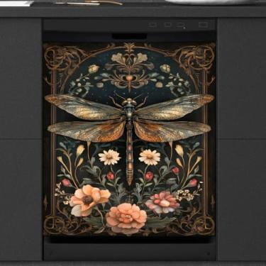 Imagem de Capa magnética para lava-louças vintage libélula flor painel de geladeira decalque reutilizável decorativo máquina de lavar roupa geladeira adesivo magnético aparável decoração de cozinha protetor de