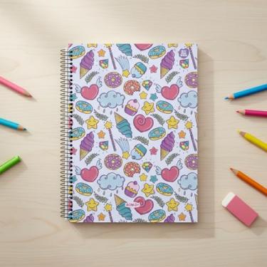 Imagem de Caderno Universitario Feminino Capa Dura 10 Materias 160 Folhas Escolar Faculdade Resistente Espiral Metal Design Fofo Doces Rosa Azul Infantil Menina.