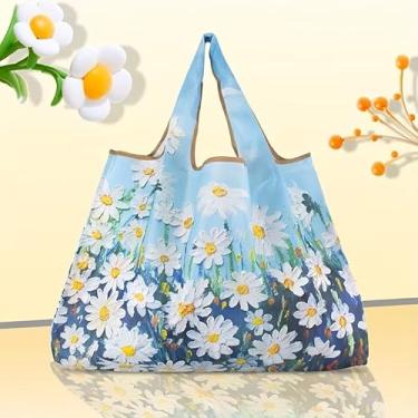 Imagem de Sacola reutilizável de grande capacidade - design chique de pintura a óleo, dobrável, lavável e fácil de limpar bolsa de compras de nylon para mulheres - perfeita para supermercado, cozinha e itens