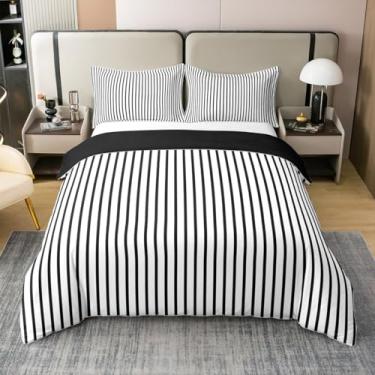 Imagem de Erosebridal Capa de edredom listrada preta e branca 100% algodão tamanho solteiro | Capa de edredom listrada moderna geométrica branca e preta conjunto de cama minimalista listrado conjunto de cama