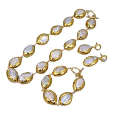 Imagem de DWBPGVUN Conjunto clássico de brincos e gargantilhas ovais banhado a ouro Keshi pérola branca cultivada, One Size, Ágata