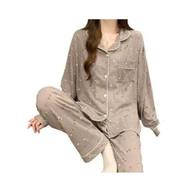 Imagem de Conjunto De Pijamas Femininos Em Tecido Amassado Com Cardigan De Manga