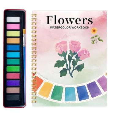 Imagem de Livro de exercícios em aquarela para adultos e iniciantes, livro de pintura para iniciantes com tinta de 24 cores, kit de aquarela multifuncional para prática criativa (flor-2)