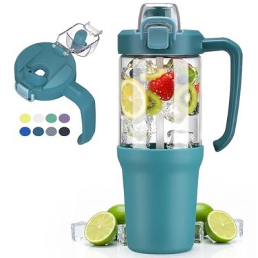 Imagem de HYDRAGLAZIC Copo de vidro de 946 ml com alça, canudo 2 em 1 e bico de gole, à prova de vazamento, garrafa de água de vidro sem BPA para esportes, escritório, escola, azul pavão