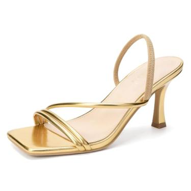 Imagem de Goderci Sandálias femininas de salto gatinho com tiras quadradas, bico aberto, tira no tornozelo, sapatos elegantes de casamento, Dourado, 38