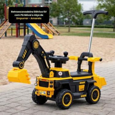 Imagem de Retroescavadeira 6V com Pá Móvel, Alça de Empurrar - Amarela - UNITOYS
