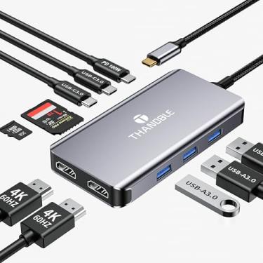 Imagem de Estação de ancoragem USB C Hub USB C, monitor duplo, adaptador multimonitor 10 em 1 com 2 HDMI, 3 USB-A, 2 Tipo-C, SD/TF, carregamento PD de 100 W, dongle para MacBook/Dell/HP/Lenovo ThinkPad/Surface