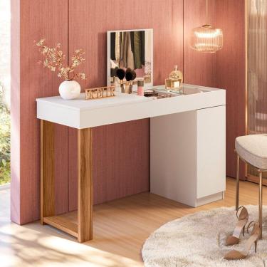 Imagem de Escrivaninha Penteadeira Camarim Mesa De Maquiagem Com Espelho Love Branco-cinamomo Mel - Mabe Magazine