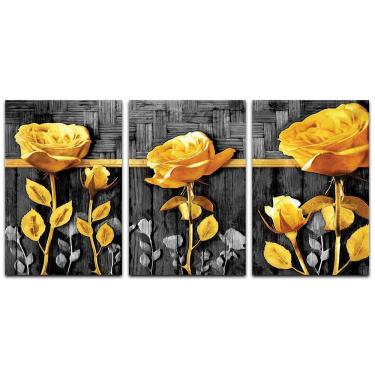 Imagem de Kit Placas Quadros Decorativos 3 Pçs Mdf 20X30 Floridas Titulo Rosas Douradas