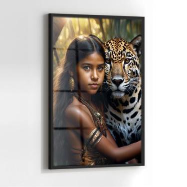 Imagem de Quadro com Moldura e Acrilico Cristal Vidro Indígena Onça para Sala, Q