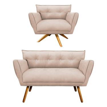 Imagem de Kit 1 Namoradeira 2 Lugares e 1 Poltrona Giratória Anitta com Strass Suede Pés Palito Castanho - D'Rossi