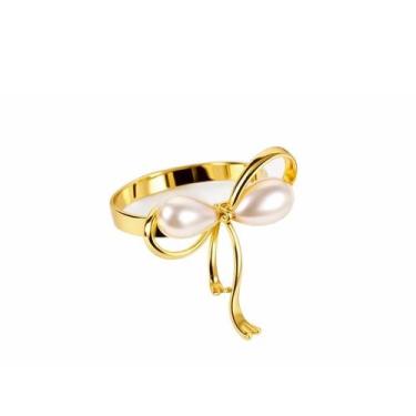 Imagem de Cj.4 Anel Porta Guardanapo Metal Laço Dourado Perola 4,6x4,8cm - Tuut
