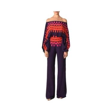 Imagem de Conjunto Feminino De Blusa De Seda Com Estampa, Ombros Descidos E Mang