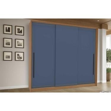 Imagem de Guarda Roupa Casal Valência 3 Portas de Correr 4 Gavetas MDF-MDP Freijo-Azul Politorno Móveis