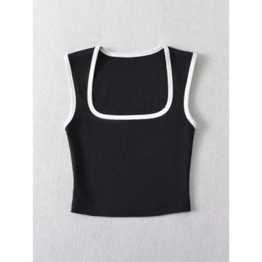 Imagem de Camiseta Feminina Slim Fit Com Contraste, Sem Mangas, Gola Quadrada, T