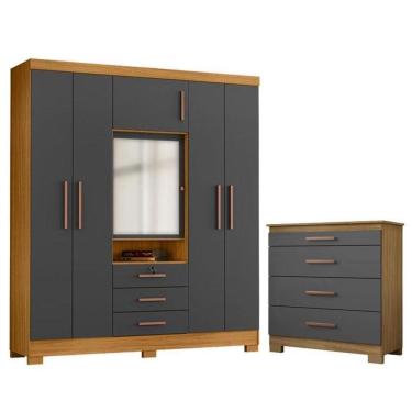 Imagem de Cômoda 4 Gavetas New E Guarda Roupa Casal Imperial Carvalho Americano Grafite- Incorplac