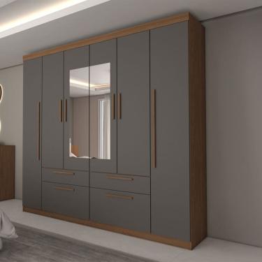 Imagem de Guarda-Roupa Casal Fortaleza 6 Portas 4 Gavetas com Espelho Jatoba/Grafite - Panorama Móveis