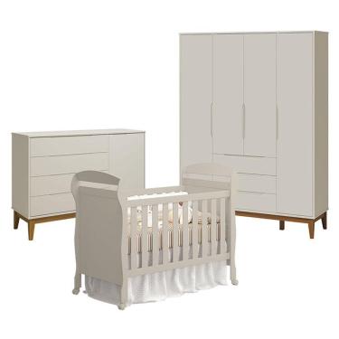 Imagem de Quarto De Bebê 4 Portas Com Cômoda Com Porta Elfe Classic E Berço Americano Danny Areia Acetinado Amadeirado - Reller