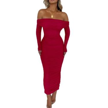 Imagem de Vestido PRETTYGARDEN Maxi Bodycon Ombro a Ombro Franzido Vermelho XL