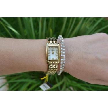 Imagem de Relogio Feminino Dourado Champion Quadrado Fundo Branco +NF