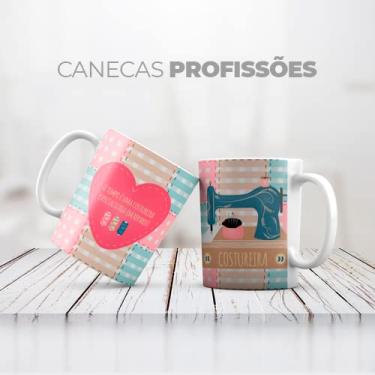 Imagem de Caneca de Cerâmica Personalizada Tema Costureira, 325 ml, Interior e Alça Branca, Exterior Decorado
