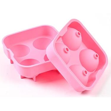 Imagem de Bandeja de cubo de gelo uísque cubo de gelo fazendo molde molde de esfera molde de silicone molde de hóquei no gelo bandeja de gelo redonda bandeja de gelo cor ferramenta de barra de cozinha 4 moldes de cubo de gelo de grade (cor: rosa)