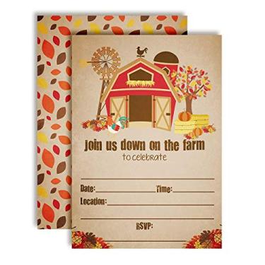 Imagem de Convites rústicos para festas de aniversário de fazenda de celeiro outono e outono, 20 cartões de 12,7 x 17,7 cm com vinte envelopes brancos da AmandaCreation