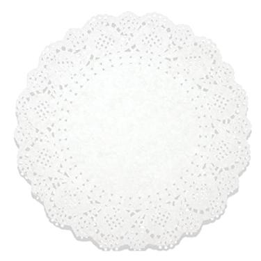 Imagem de Juvale Pacote com 250 peças de papel de renda - jogo americano redondo decorativo a granel, caminho de mesa, forros de caixa de bolo, sobremesas, exibição de petiscos assados, ideal para casamentos,