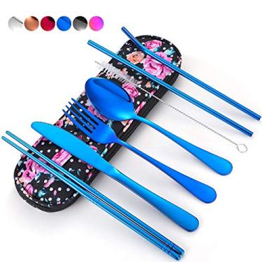 Imagem de Conjunto de utensilios de viagem, conjunto de talheres reutilizaveis para levar com uma bolsa de transporte a prova d'agua para lancheiras, local de trabalho, acampamento, escolar, piquenique, Azul