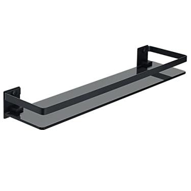 Imagem de KIZQYN Prateleira de banheiro Prateleira de parede de banheiro 50 cm Prateleira de vidro para banheiro Prateleira flutuante de aço inoxidável preto Suporte de parede Organizador de banheiro Prateleira de chuveiro de vidro, 1 pacote de prateleiras de parede de banheiro