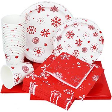 Imagem de Conjunto de louça descartável de Natal Galashield para 20 convidados, inclui pratos de papel, copos, guardanapos e toalhas de mesa, Vermelho, 30 Guests, 30