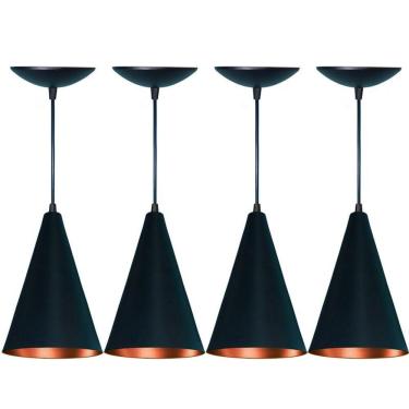 Imagem de Kit 04 Lustres Balcão Cozinha Americana  Preto Fosco e Cobre