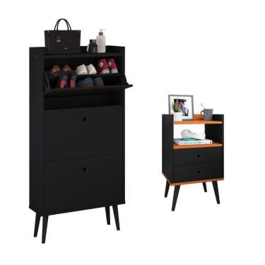 Imagem de Kit Quarto Sapateira Vertical 3 Gavetas Basculantes Dark Preto e Mesinha Lateral Pequen...