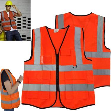 Imagem de Colete Faixa Sinalizador Refletivo EPI Blusao Fluorescente Segurança do Trabalho Obra Transito Construçao Sinal Guarda Bolsos Ziper 