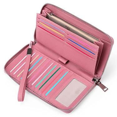 Imagem de SENDEFN Carteira grande de couro com bloqueio de RFID para mulheres, porta-cartão de crédito, bolsa de pulso com bolso com zíper, Zíper único - rosa natural, Carteira RFID