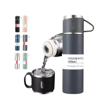 Imagem de Kit Garrafa Térmica Inox 500ml Com 3 Xícaras Camping Viagem Café (Bege)