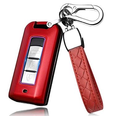 Imagem de HIBEYO Capa para chaveiro compatível com Mitsubishi Outlander Sport Eclipse Cross ASX Mirage RVR Lancer Fortis Ex Acessórios de carro ABS Smart Remote Auto Key Case com chaveiro (vermelho)
