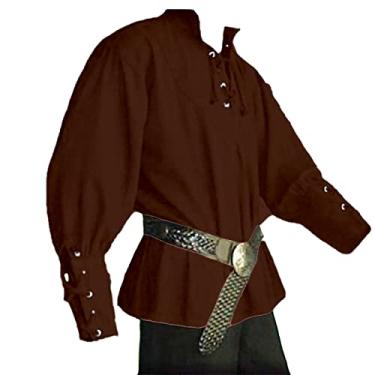 Imagem de JIEFULL Fantasia masculina medieval de pirata - blusa vintage com bandagem com gola alta - camisa de punho largo escocês mercenário manga comprida blusa viking (café 3GG)