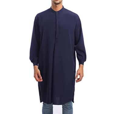 Imagem de Masculino Kaftan Robe manga longa algodão linho Thob lado Split Button Down Thobe camisa muçulmana,Blue,L
