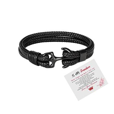 Imagem de DIOWUS Pulseira trançada feita à mão de couro preto para homens para meu filho/neto, fecho de ornamentos de aço inoxidável gravado com "Love You Forever" para ele joia de aniversário de Natal para