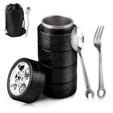 Imagem de KOBSAINF Caneca de chá de café com pneu de aço inoxidável, interior durável, com colher e garfo, presente de caneca atraente personalizada, 320 ml, preto, incluindo pincel