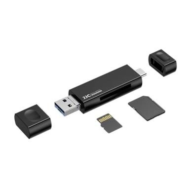Imagem de JJC Leitor de cartão SD USB-C USB-A de liga de alumínio portátil microSD TF com compartimentos duplos para iPhone 16 15 Pro Max, Mac, MacBook, iPad, computador, laptop e smartphones, USB 3.0 de alta