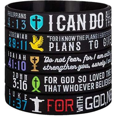 Imagem de Sainstone Pacote com 5 pulseiras de silicone da Bíblia, os 5 melhores versos cristãos favoritos - Filipenses 4:13, Jeremias 29:11, Isaías 41:10, João 3:16, Lucas 1:37 - Pulseiras religiosas presentes