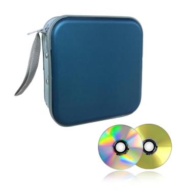 Imagem de Augeny Capa de CD com capacidade para 48 unidades, suporte portátil de plástico rígido para DVD, pasta de armazenamento de disco para carro, casa, viagem, organizador de transporte, caixa protetora universal com zíper para armazenamento de DVD (azul escuro)