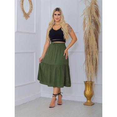 Imagem de Saia Midi Gode Cintura Alta Rodada Em Viscolinho - VERDE MILITAR - Cli