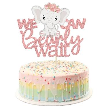 Imagem de Gyufise 1 peça We Can Bearly Wait Topper de bolo com elefante, ouro rosa, glitter, chá de bebê, palheta de bolo para recém-nascidos revelação de gênero infantil, meninas, festa de aniversário, suprimentos para decorações de bolo