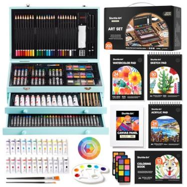 Imagem de Shuttle Art Kit de arte de presente de luxo, conjunto de materiais de arte de madeira de 202 peças com 4 blocos de desenho, telas, folhas de colorir, tinta acrílica, giz de cera, pastéis a óleo, lápis
