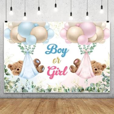 Imagem de DASHAN Pano de fundo de 2,1 x 1,5 m para fotos de menino ou menina, com balões e folhas, faixa de fundo para fotografia, decoração de fundo de revelação de gênero, adereço de cabine de fotos