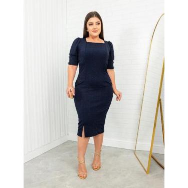 Imagem de Vestido Tubinho Social Elegante com Fenda e Botões - Fashion, Marinho,