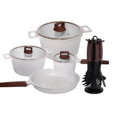 Imagem de Jogo Panelas Antiaderente Revestimento Mármore 16 peças Branco - MGC